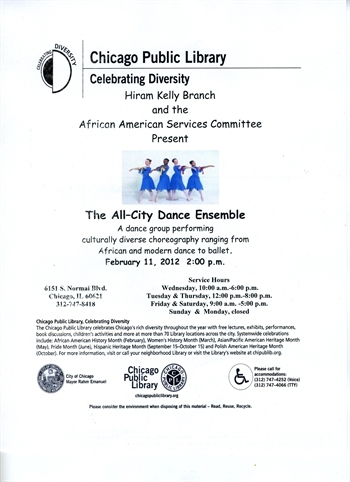 Hiram Kelly Branch and the African American Services Committee presents the All-City Dance Ensemble, a dance group performing culturally diverse choreography ranging from African and modern dance to ballet.